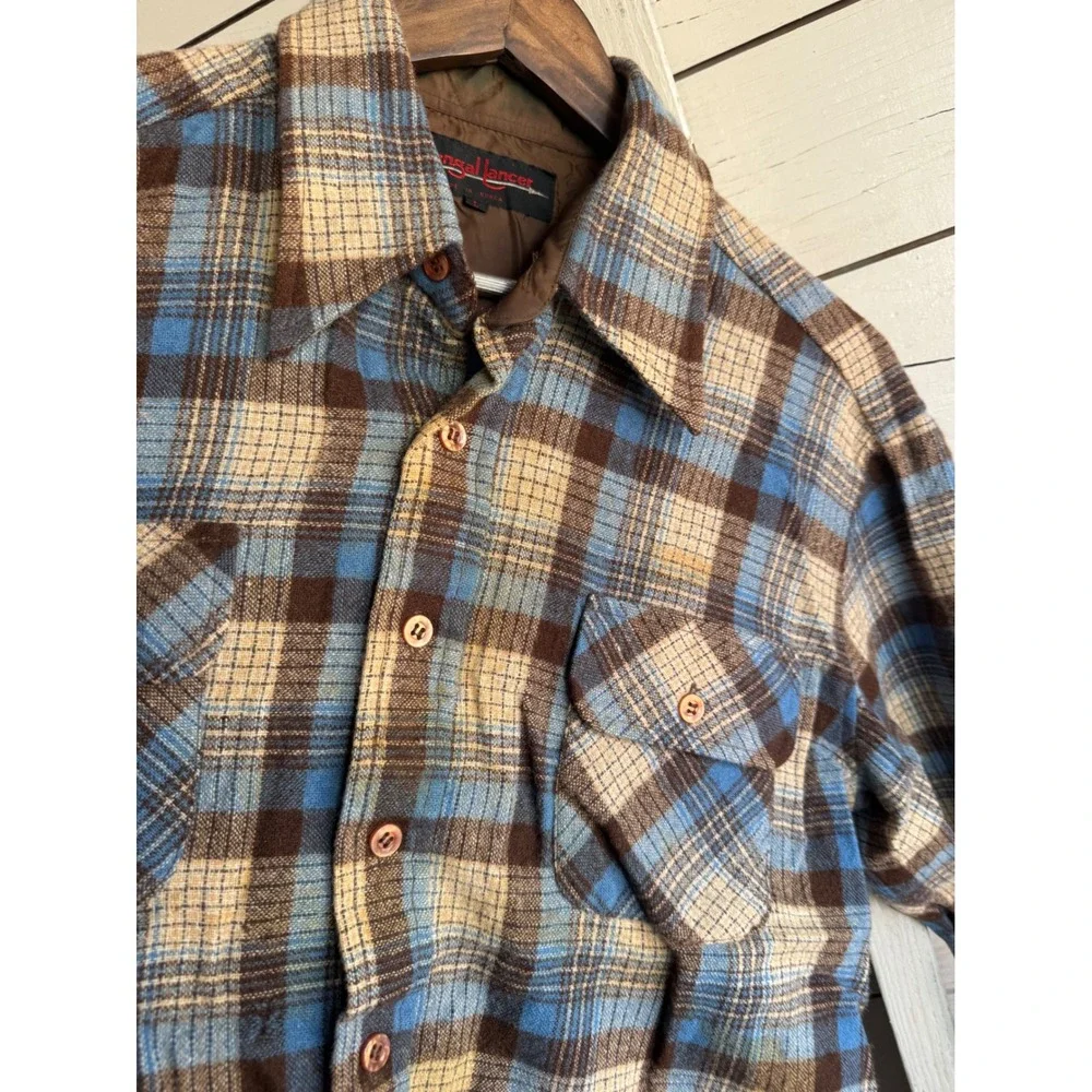 Vintage Bengal Lancer Men Quilted Flannel Shirt Jacket Blue Brown Plaid Large